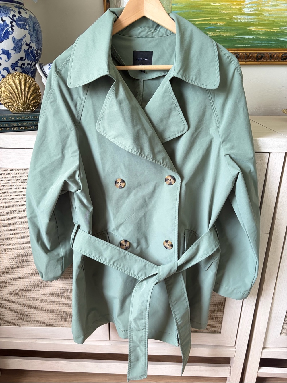 Love Tree Sage Green Double-Breasted Trench Coat with Belt